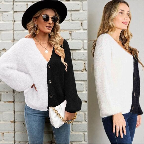 Black & White Contrast Button-Front V-Neck Cardigan NEW - Woven Right - Picture 3 of 13